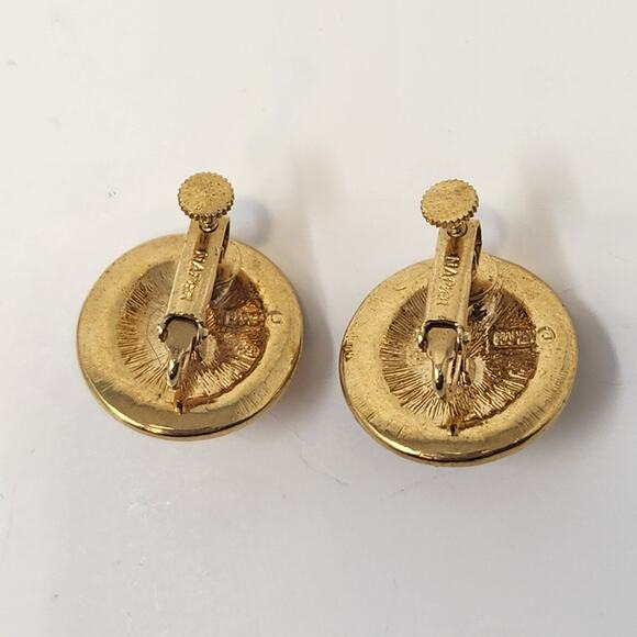 Napier Gold Tone Faux Pearl Crystal Round Button Clipon Earrings Vintage Jewelry - Picture 3 of 6